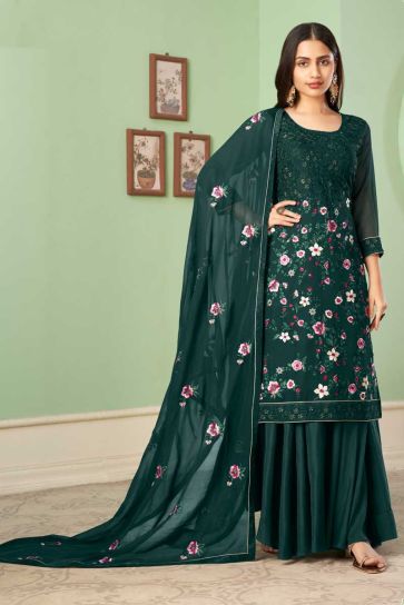 Ingenious Georgette Fabric Dark Green Color Embroidered Work Palazzo Suit