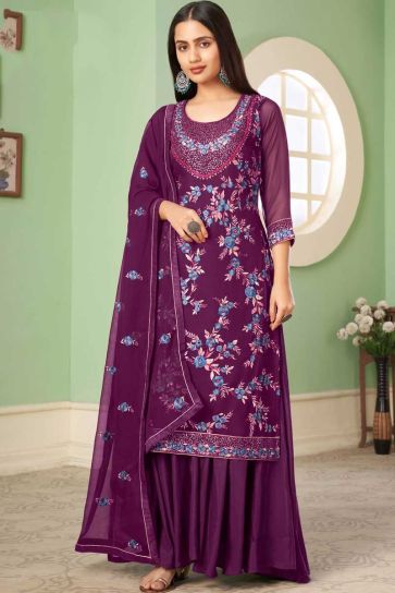 Embroidered Work Georgette Fabric Purple Color Enticing Palazzo Suit