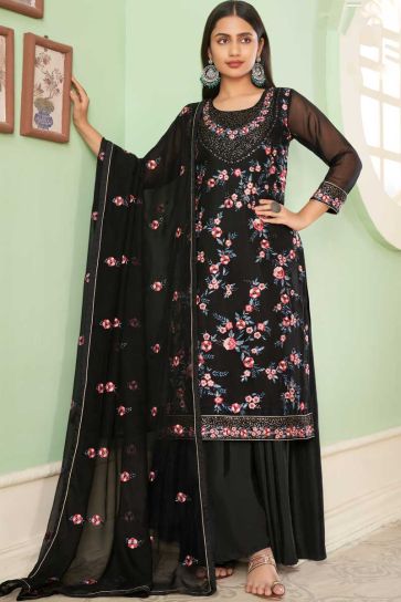 Georgette Fabric Black Color Embroidered Work Delicate Palazzo Suit