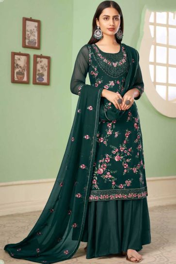Dark Green Color Georgette Fabric Chic Palazzo Suit With Embroidered Work