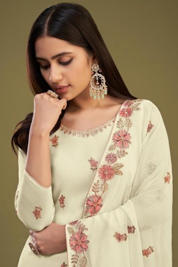 Embroidered Beige Color Georgette Fabric Function Wear Palazzo Suit