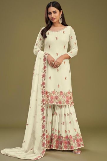 Embroidered Beige Color Georgette Fabric Function Wear Palazzo Suit