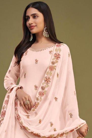 Festive Wear Peach Color Georgette Fabric Embroidered Palazzo Salwar Kameez