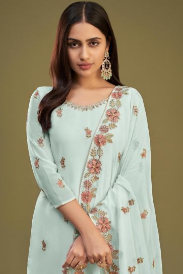 Light Cyan Color Embroidered Function Wear Palazzo Salwar Suit In Georgette Fabric