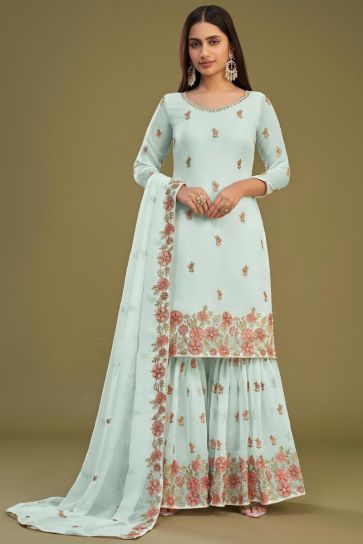 Light Cyan Color Embroidered Function Wear Palazzo Salwar Suit In Georgette Fabric