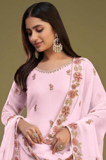 Georgette Fabric Embroidered Festive Wear Palazzo Suit In Pink Color