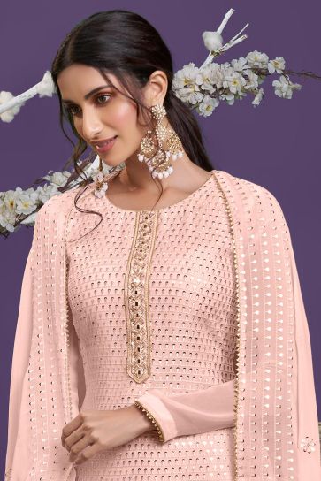 Georgette Fabric Brilliant Embroidered Sharara Suit In Peach Color