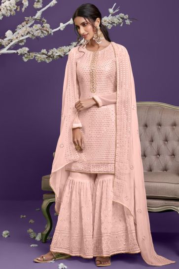 Georgette Fabric Brilliant Embroidered Sharara Suit In Peach Color