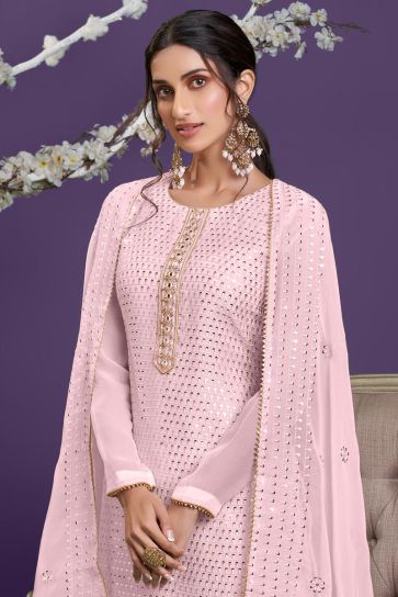 Georgette Fabric Pink Color Stunning Embroidered Sharara Suit In 