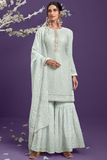 Light Cyan Color Georgette Fabric Supreme Embroidered Sharara Suit