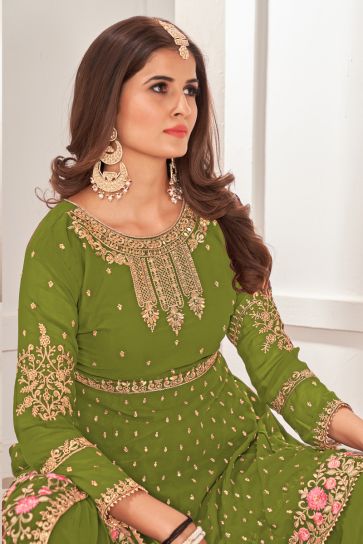 Green Color Georgette Fabric Function Wear Fetching Sharara Suit