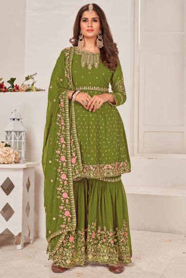 Green Color Georgette Fabric Function Wear Fetching Sharara Suit