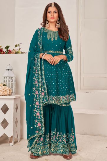 Georgette Fabric Function Wear Stylish Sharara Suit In Teal Color
