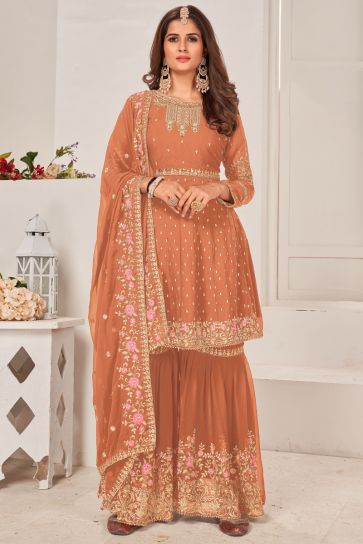 Georgette Fabric Peach Color Function Wear Solid Sharara Suit