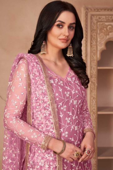 Pink Color Festive Wear Soothing Embroidered Net Fabric Salwar Suit