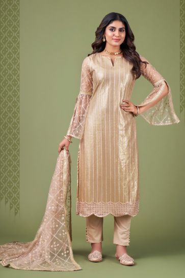 Enticing Sequins Work Beige Color Net Salwar Suit
