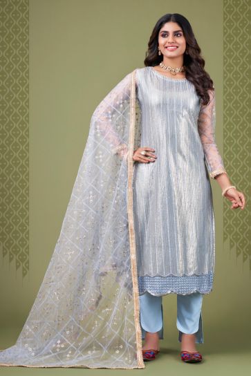 Attractive Light Cyan Color Sequins Work Net Salwar Suit