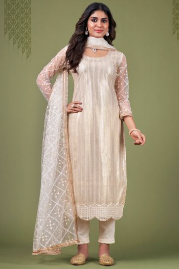 Radiant Cream Color Sequins Work Net Salwar Suit