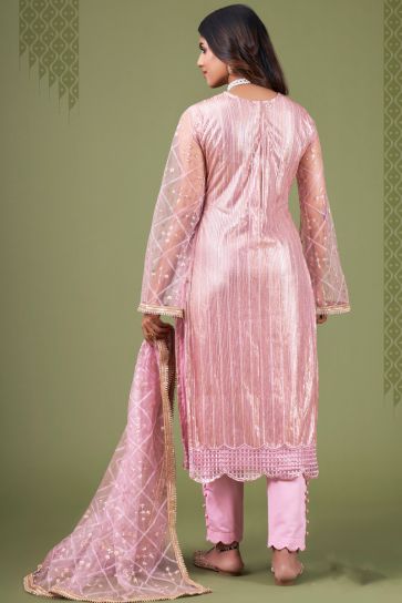 Blazing Pink Color Sequins Work Net Salwar Suit