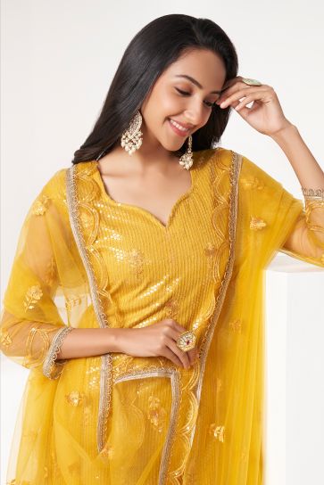 Yellow Color Sequins Work Designer Straight Cut Suit In Net Fabric