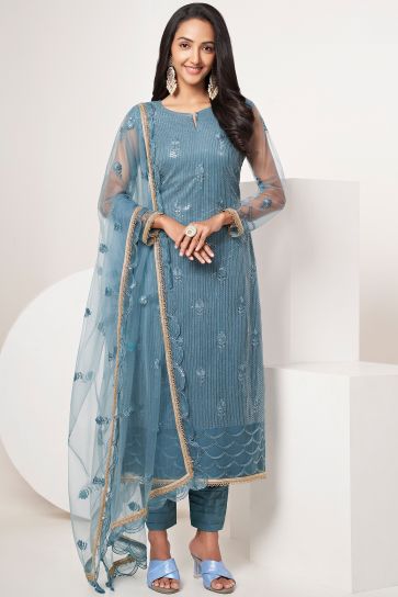Sequins Work Designer Straight Cut Salwar Kameez In Net Fabric Blue Color