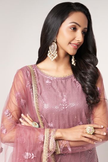 Pink Color Sequins Work Designer Straight Cut Salwar Suit In Net Fabric