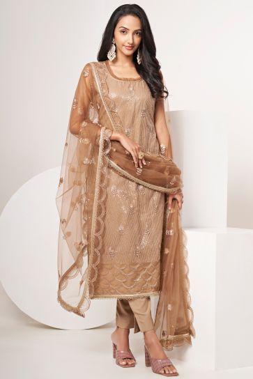 Sequins Work Net Fabric Designer Straight Cut Suit In Brown Color