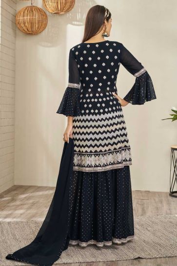 Georgette Fabric Navy Blue Color Beautiful Look Embroidered Sharara Top Lehenga 