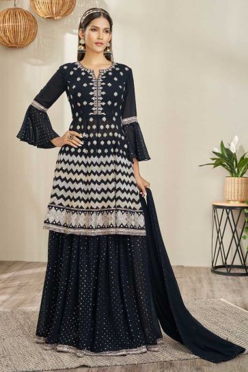 Georgette Fabric Navy Blue Color Beautiful Look Embroidered Sharara Top Lehenga 