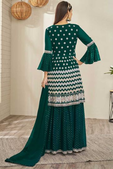 Green Color Georgette Fabric Wonderful Embroidered Sharara Top Lehenga 