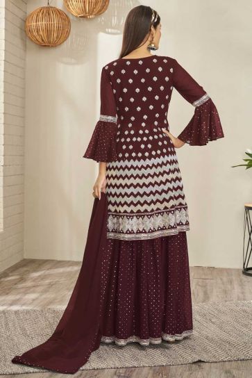 Attractive Look Georgette Fabric Maroon Color Embroidered Sharara Top Lehenga 