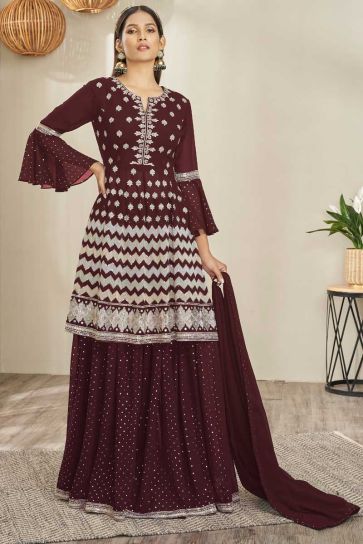 Attractive Look Georgette Fabric Maroon Color Embroidered Sharara Top Lehenga 