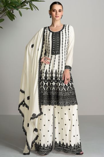 Eugeniya Belousova Graceful Chinon Silk Fabric White Color Readymade Palazzo Suit