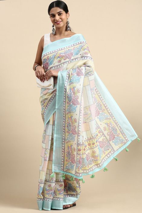Multi Color Exquisite Casual Wear Printed Linen Saree