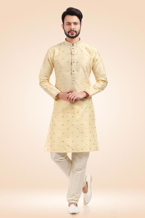 Cream Color Jacquard Banarasi Silk Fabric Readymade Kurta Pyjama For Men