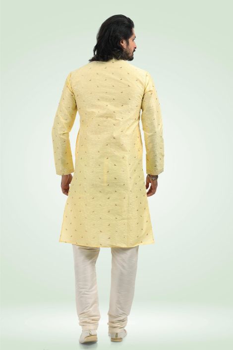 Jacquard Banarasi Silk Fabric Yellow Color Readymade Kurta Pyjama For Men