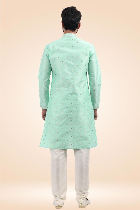 Sea Green Color Jacquard Banarasi Silk Fabric Fancy Readymade Kurta Pyjama For Men