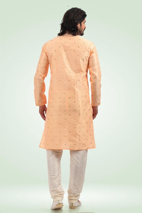 Jacquard Banarasi Silk Fabric Peach Color Trendy Readymade Men Kurta Pyjama