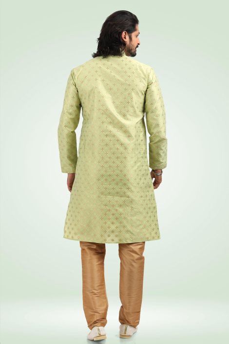 Appealing Green Color Jacquard Banarasi Silk Fabric Readymade Kurta Pyjama For Men