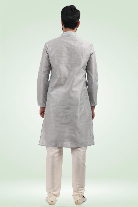 Grey Color Jacquard Banarasi Silk Fabric Captivating Readymade Kurta Pyjama For Men