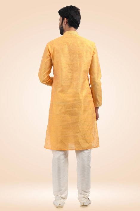Fetching Orange Color Jacquard Banarasi Silk Fabric Readymade Kurta Pyjama For Men