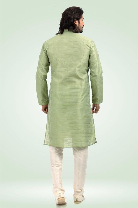 Green Color Gorgeous Jacquard Banarasi Silk Fabric Readymade Kurta Pyjama For Men