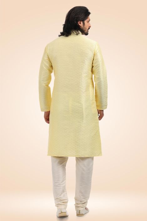 Jacquard Banarasi Silk Fabric Lovely Yellow Color Readymade Kurta Pyjama For Men