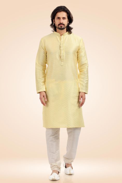 Jacquard Banarasi Silk Fabric Lovely Yellow Color Readymade Kurta Pyjama For Men
