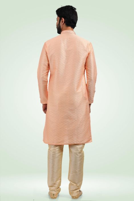 Peach Color Pretty Readymade Kurta Pyjama For Men In Jacquard Banarasi Silk Fabric