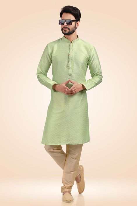 Beautiful Jacquard Banarasi Silk Fabric Readymade Kurta Pyjama For Men In Sea Green Color