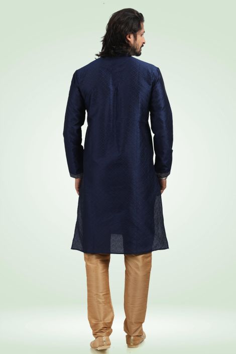 Jacquard Banarasi Silk Fabric Attractive Readymade Kurta Pyjama For Men In Navy Blue Color