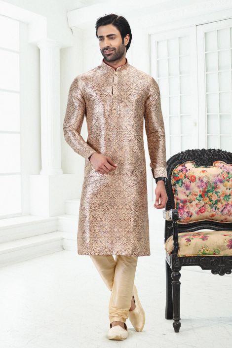 Banarasi Silk Fabric Digital Print Peach Color Festive Wear Readymade Men Stylish Kurta Pyjama