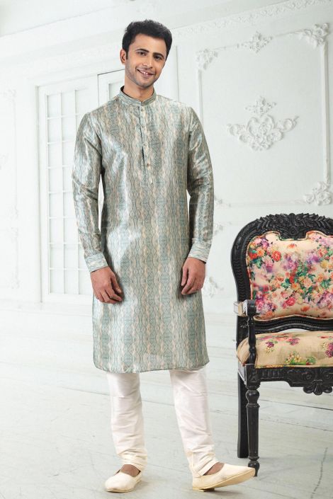 Sea Green Color Banarasi Silk Fabric Digital Print Sangeet Wear Trendy Readymade Kurta Pyjama For Men Set