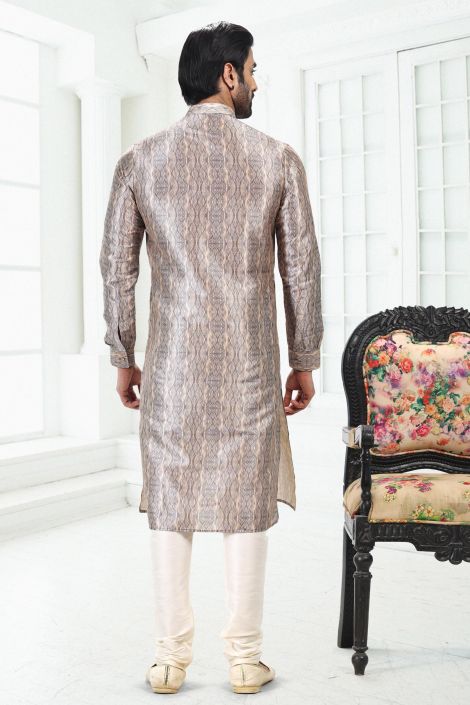 Banarasi Silk Fabric Dark Beige Color Wedding Wear Digital Print Readymade Designer Men Kurta Pyjama